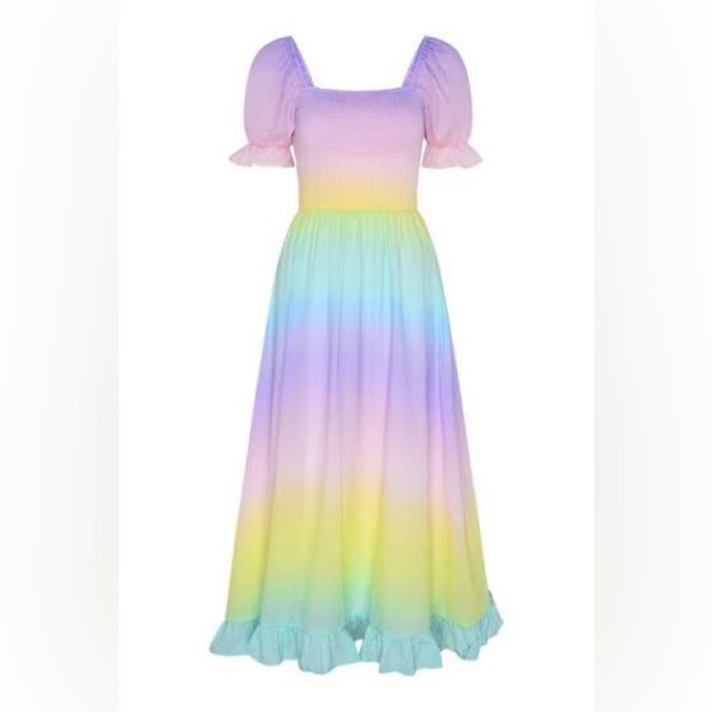 Olivia Rubin Isolde pastel rainbow shirred smocked cotton mid sun dress